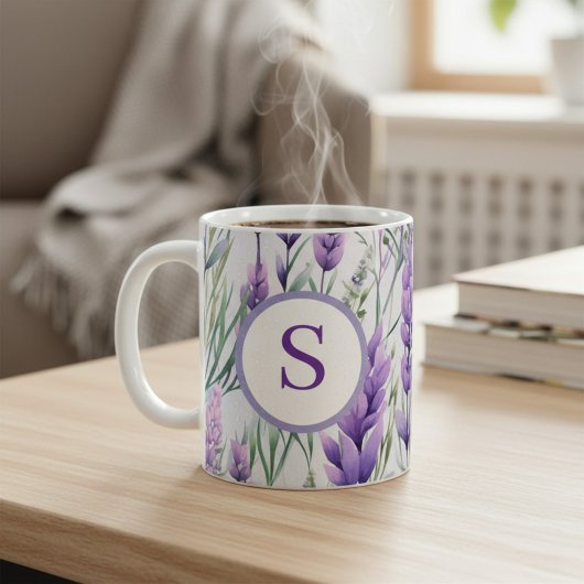 Mug Champ de fleurs de lavande violette monogramme