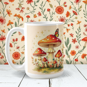 Mug Champignons Rétro et Papillon Couleurs Vintage