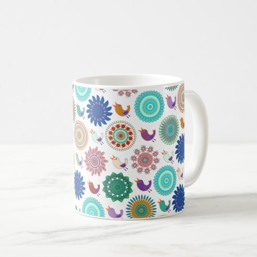 Mug Chanter Bird et Mandala Cute Folk Art Motif (Devant droit)