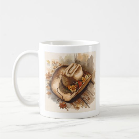 Mug Chapeau de cowboy rustique d'automne avec fleurs (Gauche)
