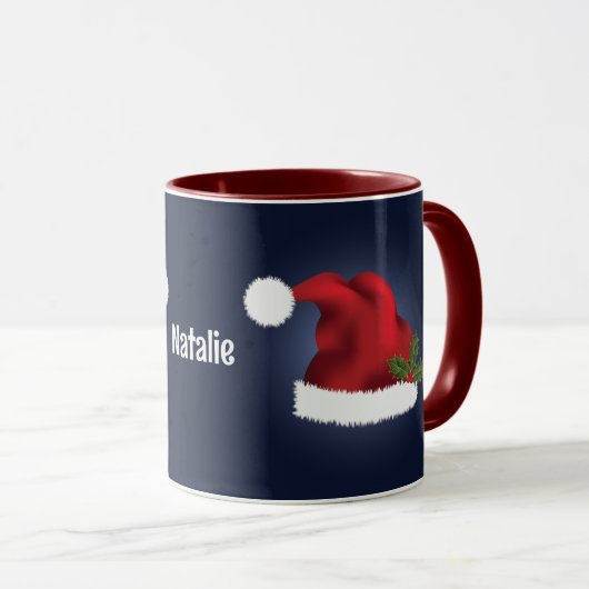 Mug Chapeau Festif Rouge Sur Bleu Avec Nom Personnalis (Devant droit)