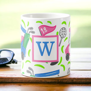 Mug Chariot de golf vert rose élégant Monogramme perso