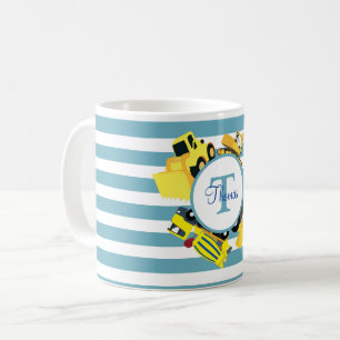 Mug Chariots de construction Bleu rayures Monogramme