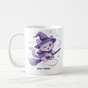 Mug Charmante sorcière chat violet sur balai Halloween