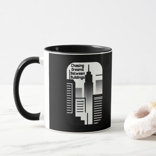 Mug Chasing Dreams Between Buildings Urban Design (Avec donut)