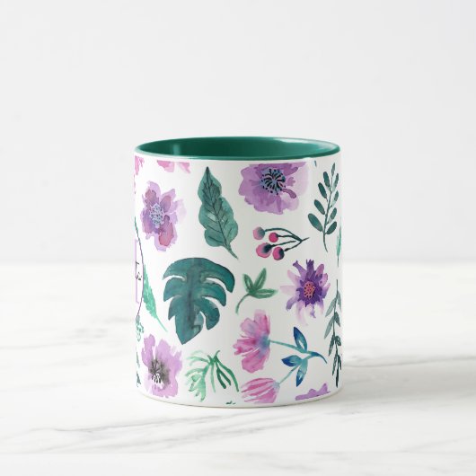 Mug Chasseur de violet Aquarelle tropicale Fleurs Mono (Centre)