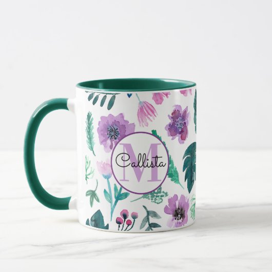 Mug Chasseur de violet Aquarelle tropicale Fleurs Mono (Gauche)