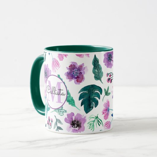Mug Chasseur de violet Aquarelle tropicale Fleurs Mono (Devant gauche)