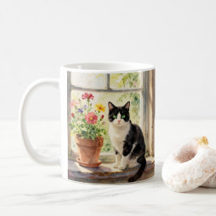 Mug Chat à l'aquarelle, Fleurs et Poème