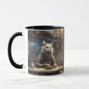 Mug Chat anthropomorphe dans un café dystopique