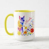 Mug Chat aquarelle et fleurs personnalisées (Gauche)