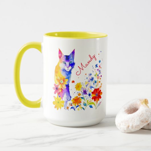 Mug Chat aquarelle et fleurs personnalisées (Avec donut)