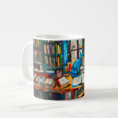 Mug Chat assis parmi des livres ouverts sur une table (Devant gauche)