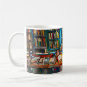 Mug Chat assis parmi des livres ouverts sur une table (Gauche)