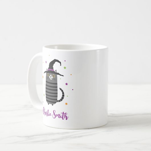 Mug Chat avec casquette sorcier et nom mignon Hallowee (Devant gauche)