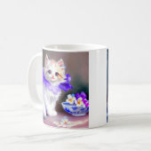 Mug Chat blanc avec collier de fleurs violettes (Devant gauche)