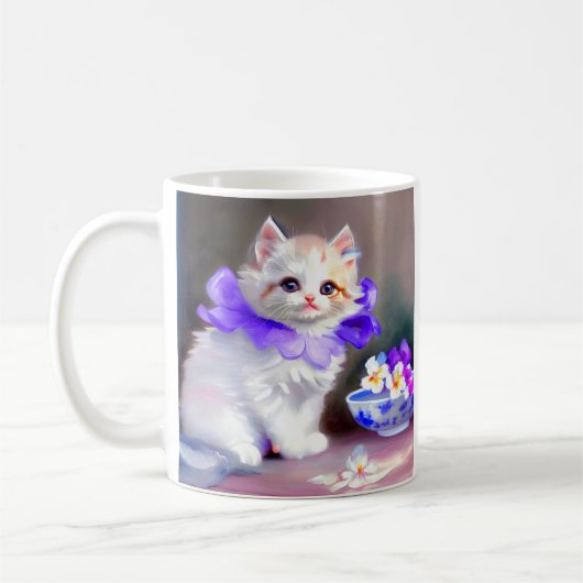 Mug Chat blanc avec collier de fleurs violettes (Gauche)