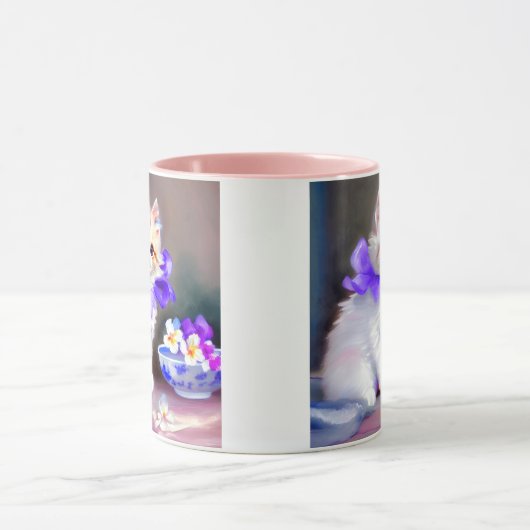 Mug Chat blanc avec collier de fleurs violettes (Centre)