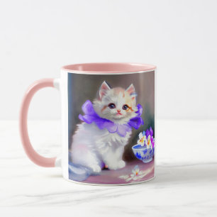 Mug Chat blanc avec collier de fleurs violettes