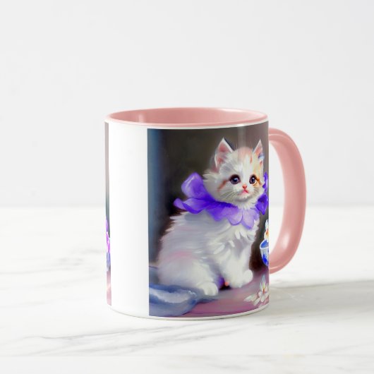 Mug Chat blanc avec collier de fleurs violettes (Devant droit)