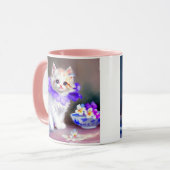 Mug Chat blanc avec collier de fleurs violettes (Devant gauche)