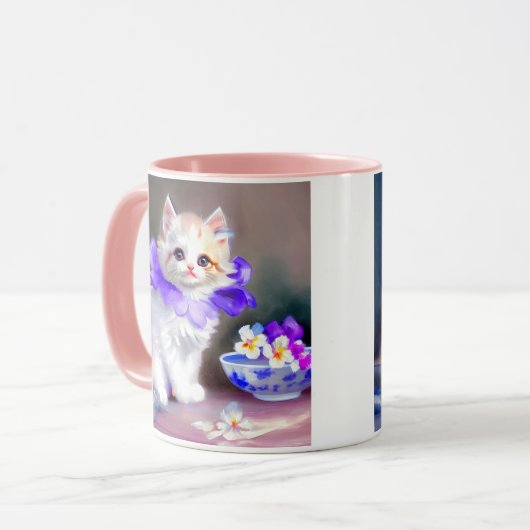 Mug Chat blanc avec collier de fleurs violettes (Devant gauche)