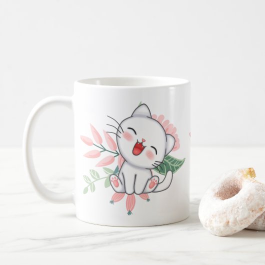 Mug chat blanc avec fleur (Avec donut)