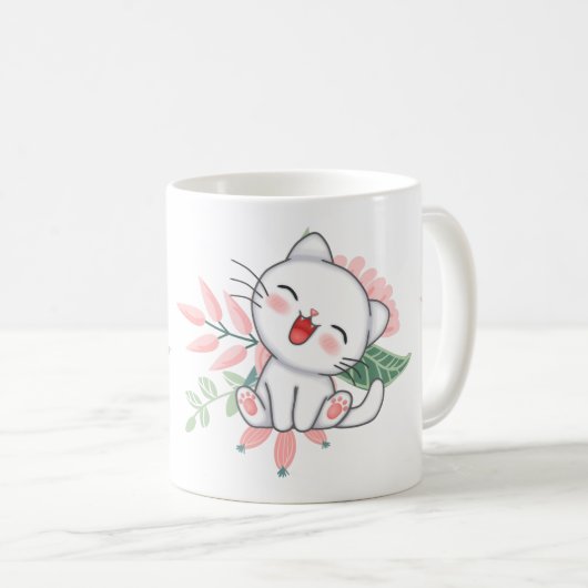 Mug chat blanc avec fleur (Devant droit)