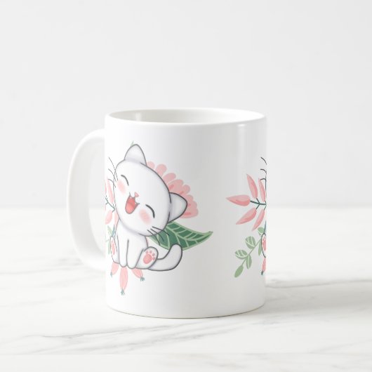 Mug chat blanc avec fleur (Devant gauche)