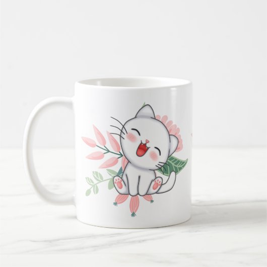 Mug chat blanc avec fleur (Gauche)