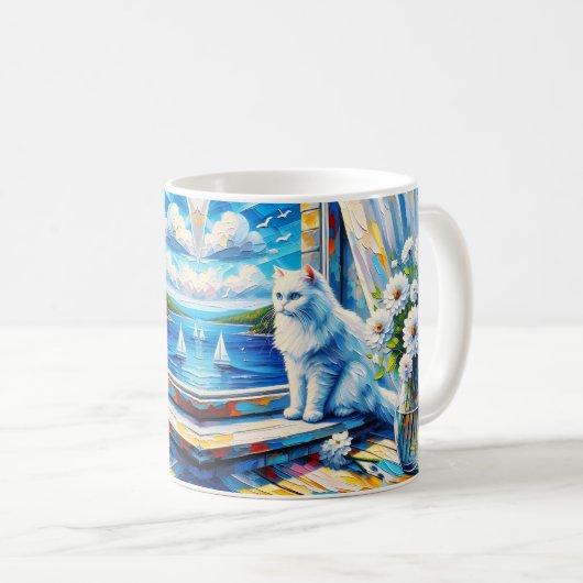 Mug Chat blanc dans le rebord de fenêtre Vue sur l'océ (Devant droit)