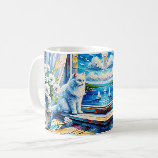 Mug Chat blanc dans le rebord de fenêtre Vue sur l'océ (Devant gauche)