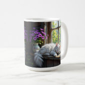 Mug Chat blanc endormi et fleurs violettes (Devant droit)