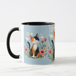 Mug Chat calicot souriant dans un jardin fleuri bleu