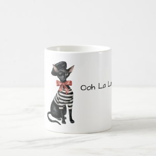 Mug Chat chic de Paris nœud rouge rayures noires et bl