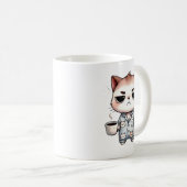 Mug Chat couché avec café, chaton grumeux, chat pyjama (Devant droit)