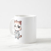 Mug Chat couché avec café, chaton grumeux, chat pyjama (Devant gauche)