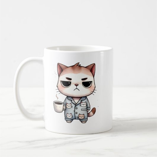 Mug Chat couché avec café, chaton grumeux, chat pyjama (Gauche)