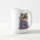 Mug Chat croustillant en pyjama avec café (Devant droit)