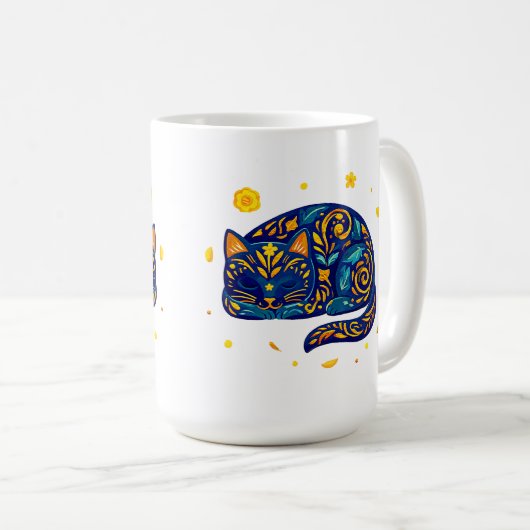 Mug Chat d'art populaire en bleu (Devant droit)