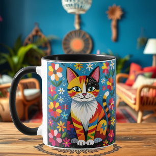 Mug Chat d'art populaire, fleurs et papillon personnal