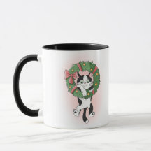 Chat de couronne de Noël en noir et blanc de dessi