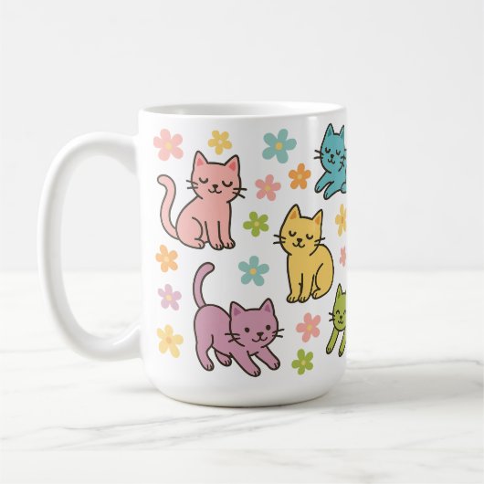 Mug Chat de Dessin Animé Mignon & Fleur – Pastel d (Gauche)