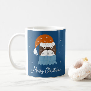 Mug Chat de Noël mignon à Santa Hat & Snowflakes Bleu