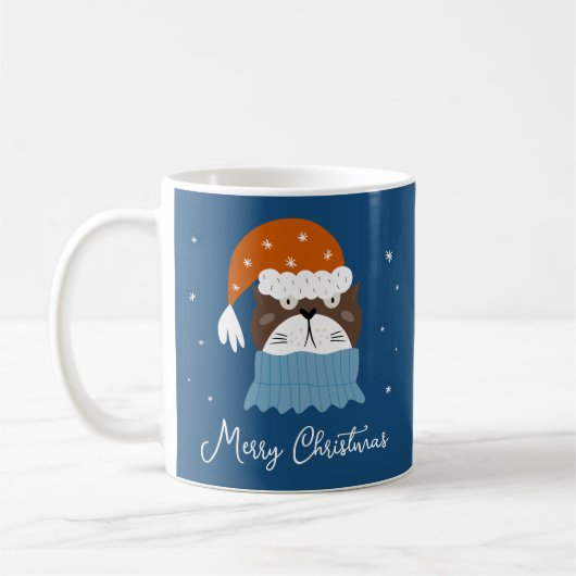 Mug Chat de Noël mignon à Santa Hat & Snowflakes Bleu (Gauche)