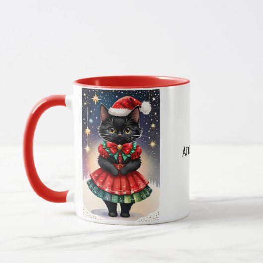 Mug Chat de Noël noir en Jupe rouge et verte (Gauche)