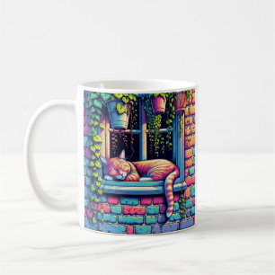 Mug Chat endormi sur un rebord de fenêtre - Art IA