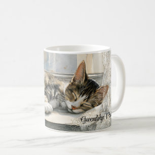 Mug Chat endormi sur un rebord de fenêtre avec des rid