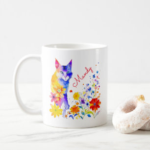 Mug Chat et fleurs aquarelle personnalisés