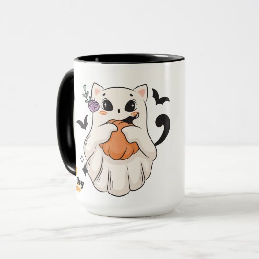 Mug Chat Fantôme mignon avec Citrouille | Éffrayant Ha (Devant gauche)